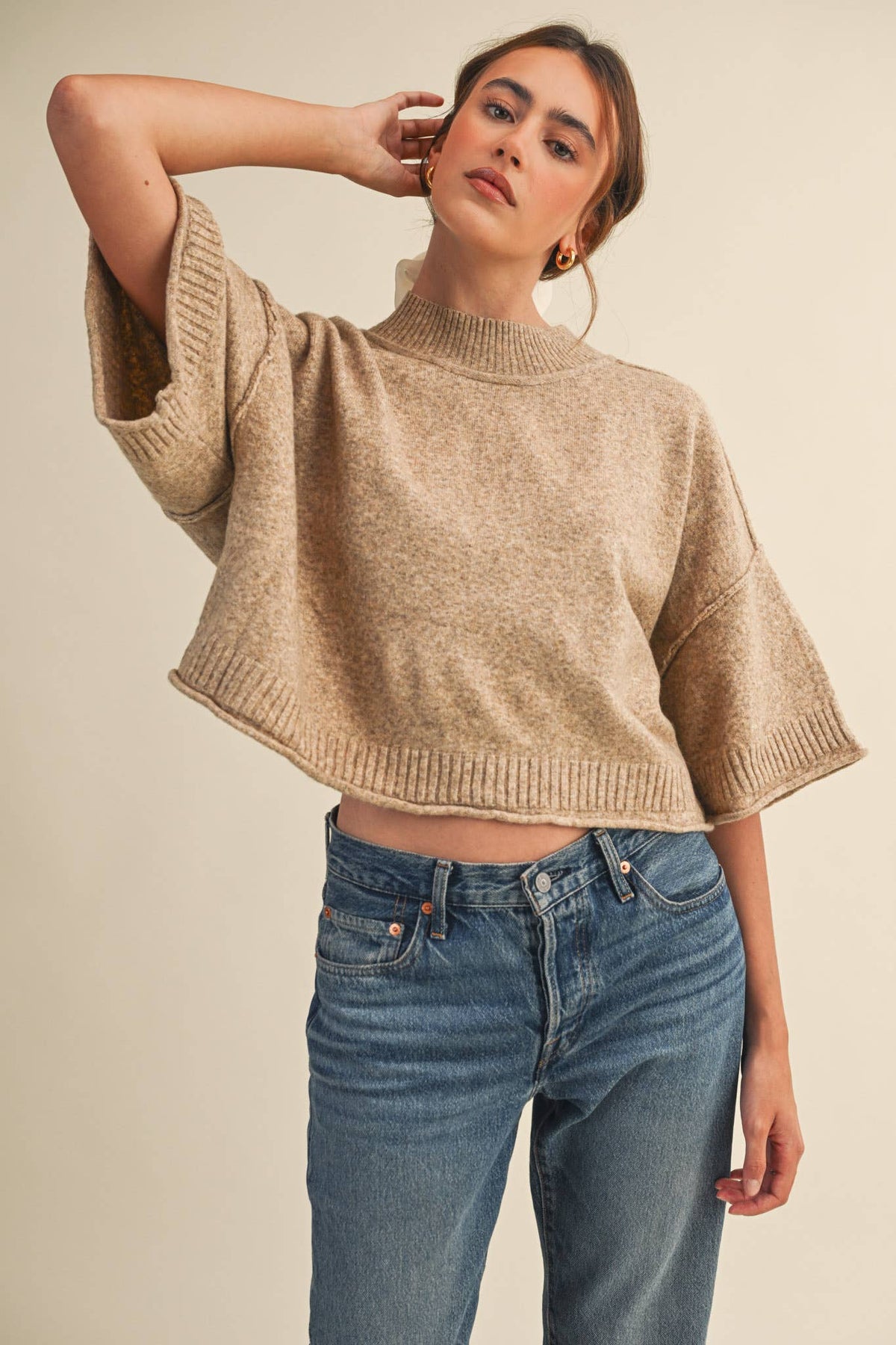 The Winterlyn Marled Mock Neck Sweater: Mocha Mousse – Semi-Cropped Short Sleeve Knit