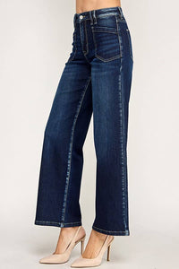 Petra "Sloane"  Patch Pocket Wide Leg High Rise Jeans: Dark Wash
