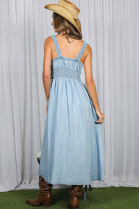Front Bow Accent 100%Tencel Chambray Denim Dress VD83108A: Light Denim / M