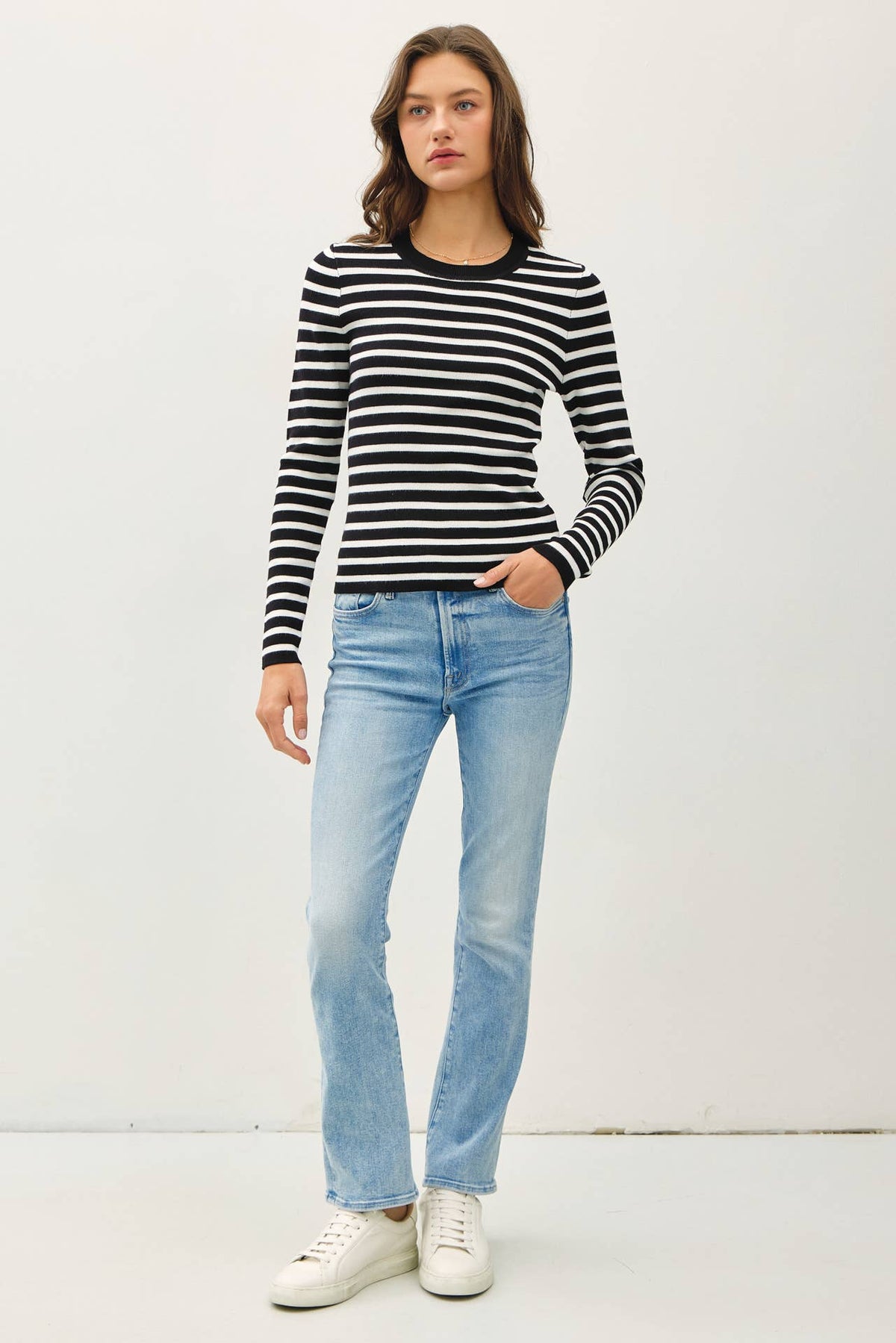 Vanessa Classic Fit Basic Striped Sweater: Black/White