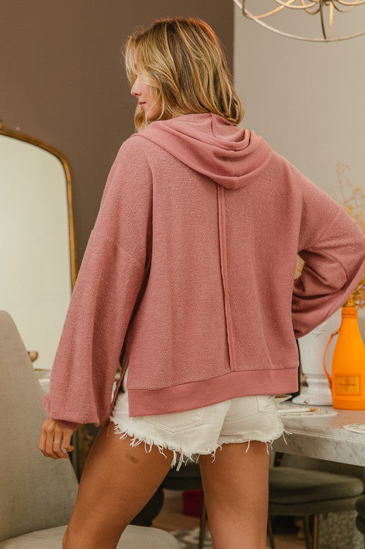 Eliza Button Detail French Terry Hoodie: Mauve