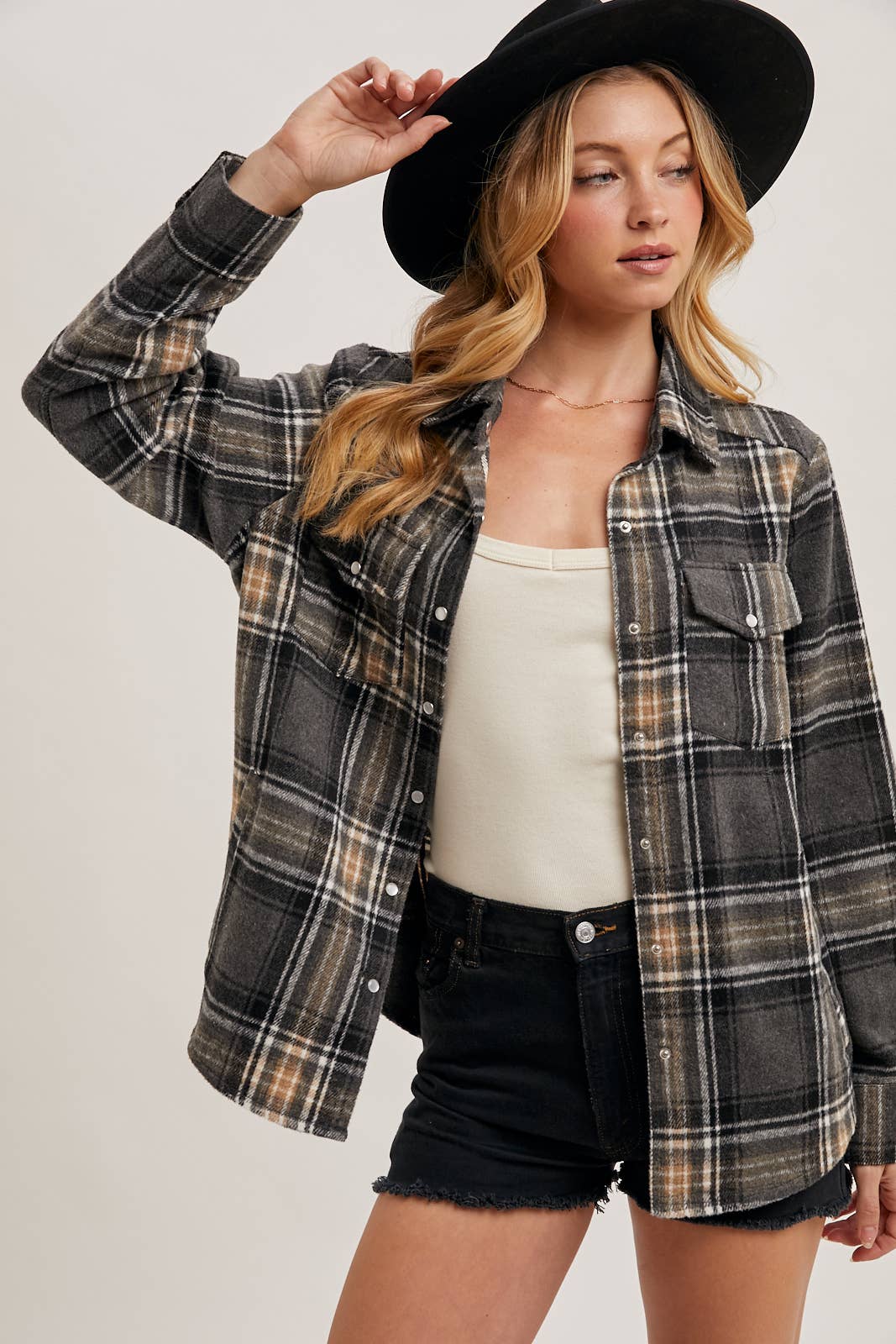 Oakley Brushed Plaid Flannel Button Down – Charcoal Cream Western Shacket
