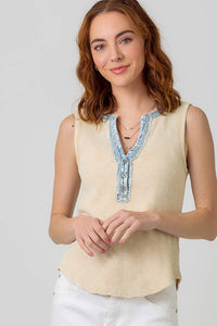 Elowen Washed Thermal Sleeveless Henley Top – Textured Ribbed Casual Essential