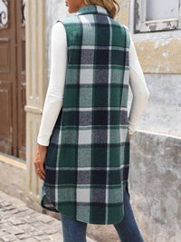 The Emery Sleeveless Plaid Longline Vest – Tan & Black Fall Layer