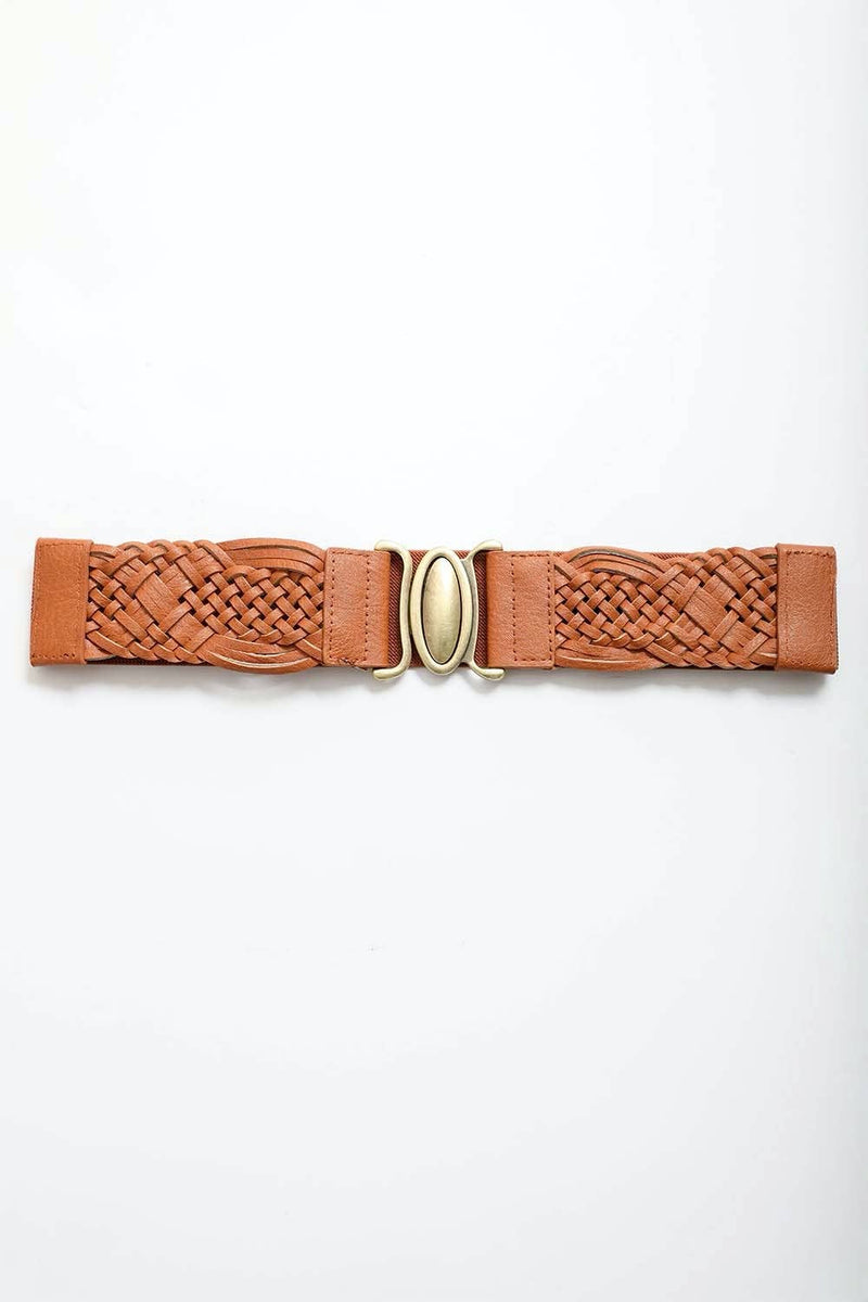 Montana Oval Buckle Braided Elastic Belt: Camel