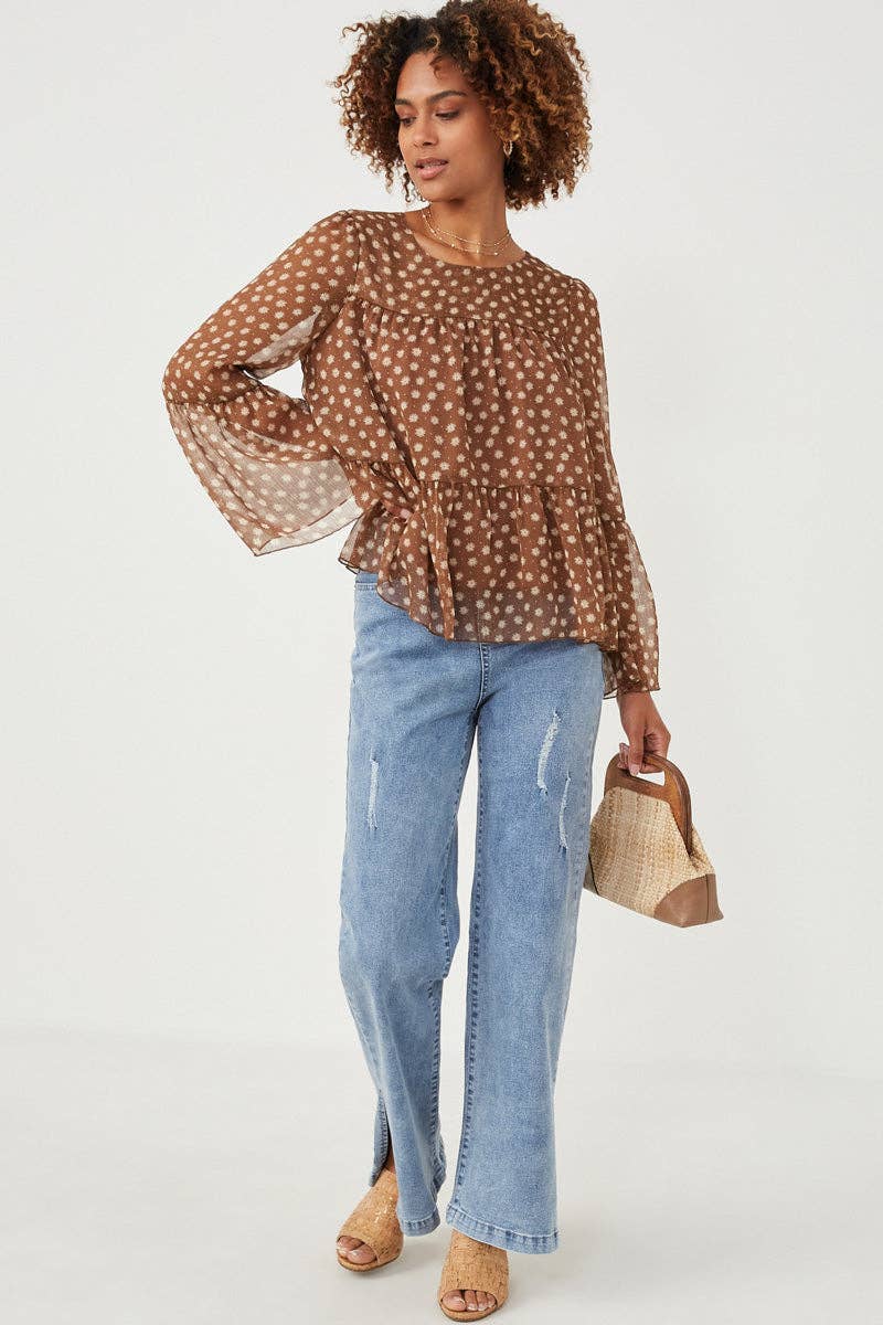 Autumn Daisy Chiffon Blouse Tiered Chiffon Top: Brown
