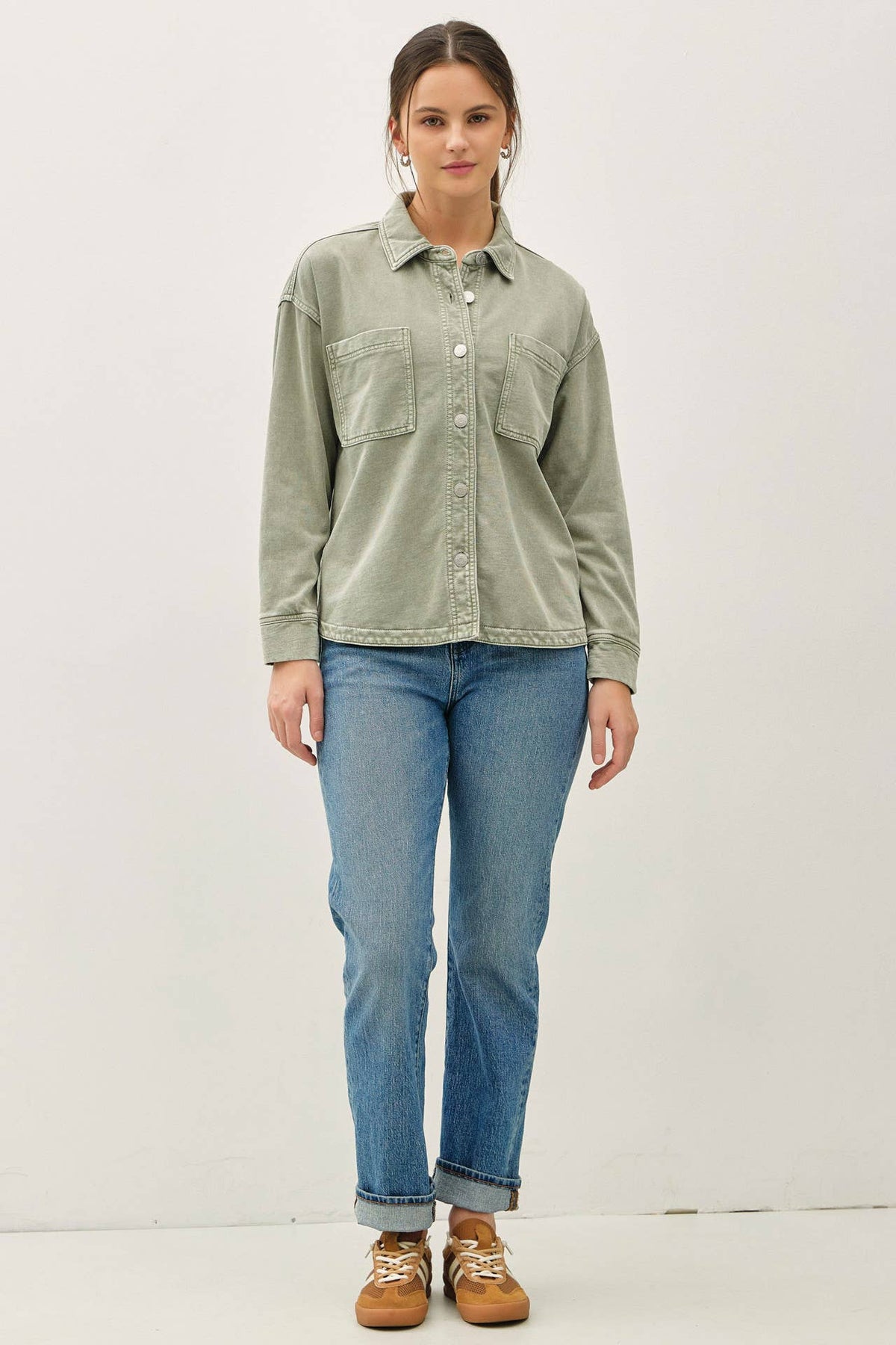 The Mercer Cropped Denim Shacket – Garment Dyed Stretch Shirt Jacket for Women