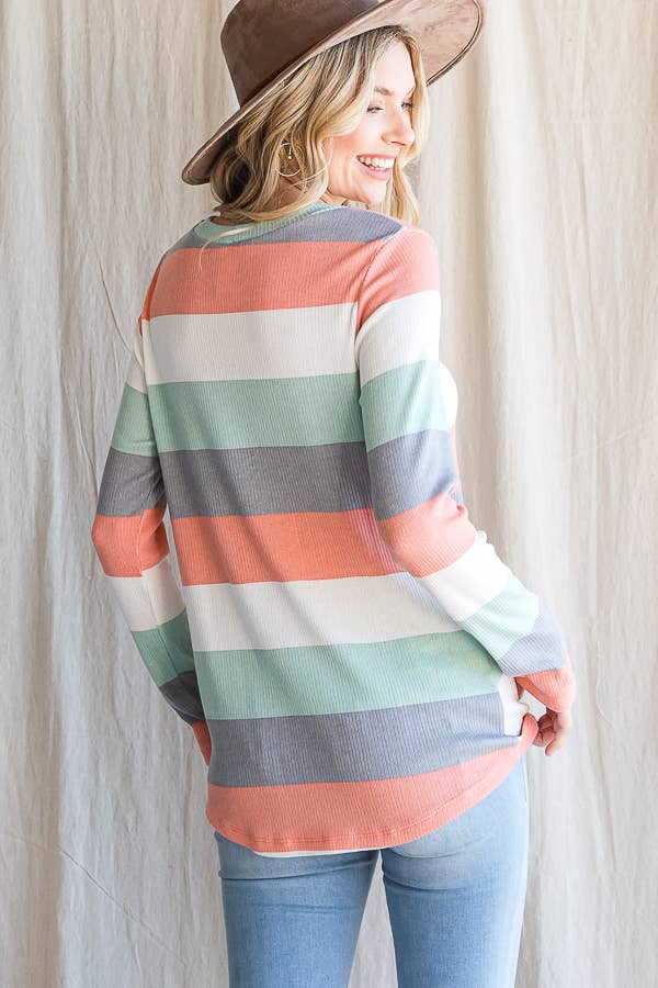 Polly Spring Stripe Ribbed Long Sleeve Casual Top: Coral/Multi