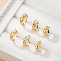 Gold Mini Huggie Hoop Earring Trio – Dome, Baguette Rhinestone & Pearl Set