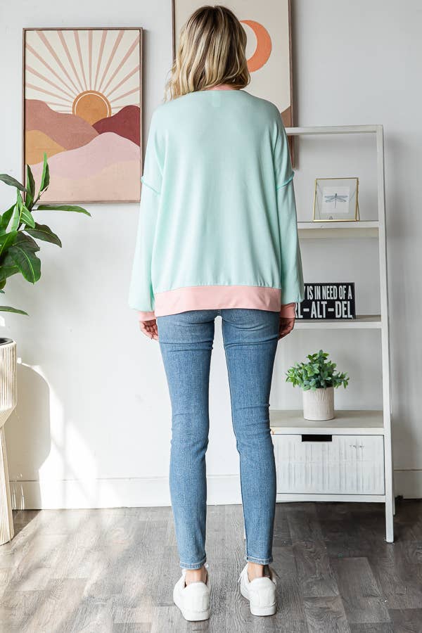 Amiee Sping Colorblock Pullover Crew Neck Long Sleeve Top: Mint