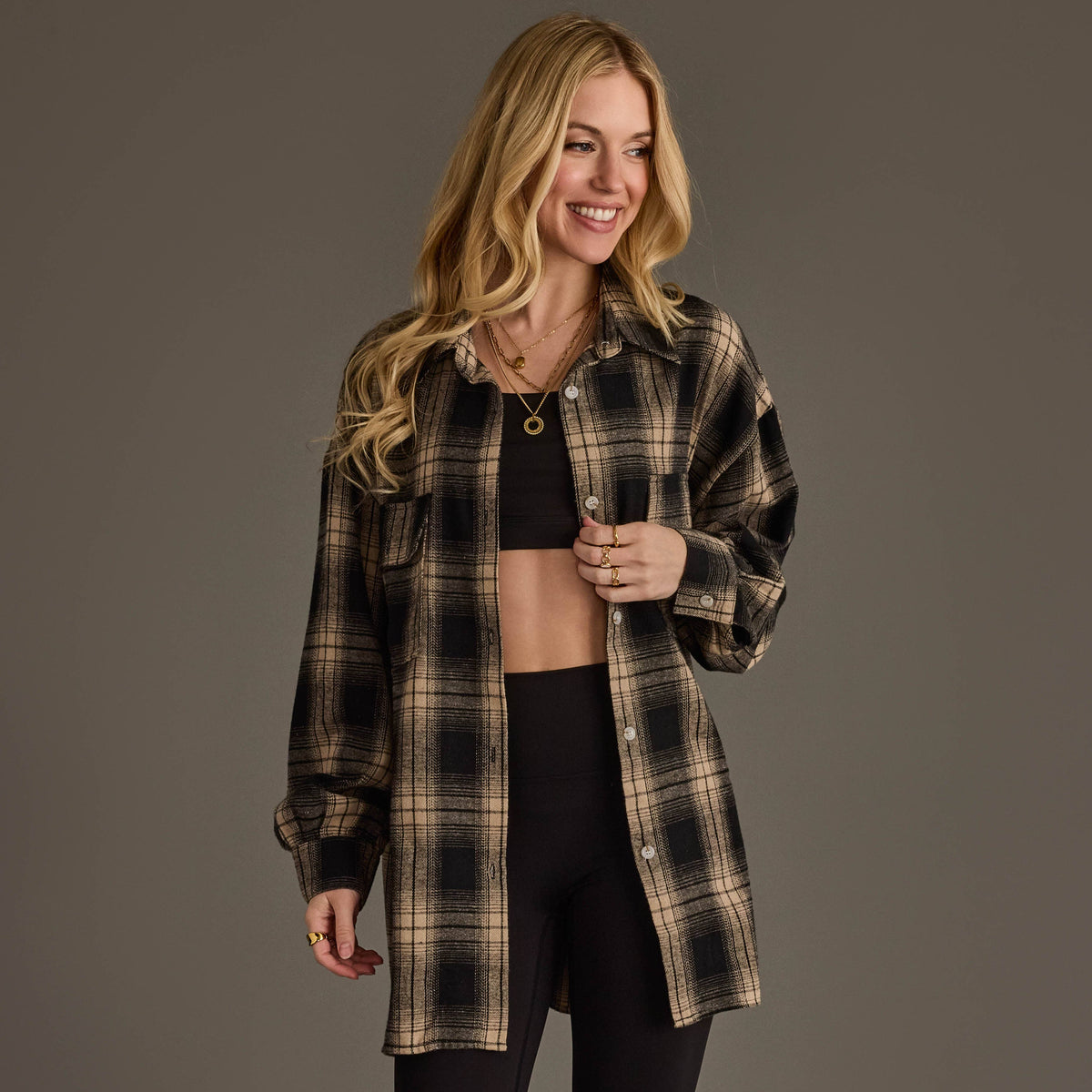 Harper Lightweight Boyfriend Plaid Button-Up Black/ Tan