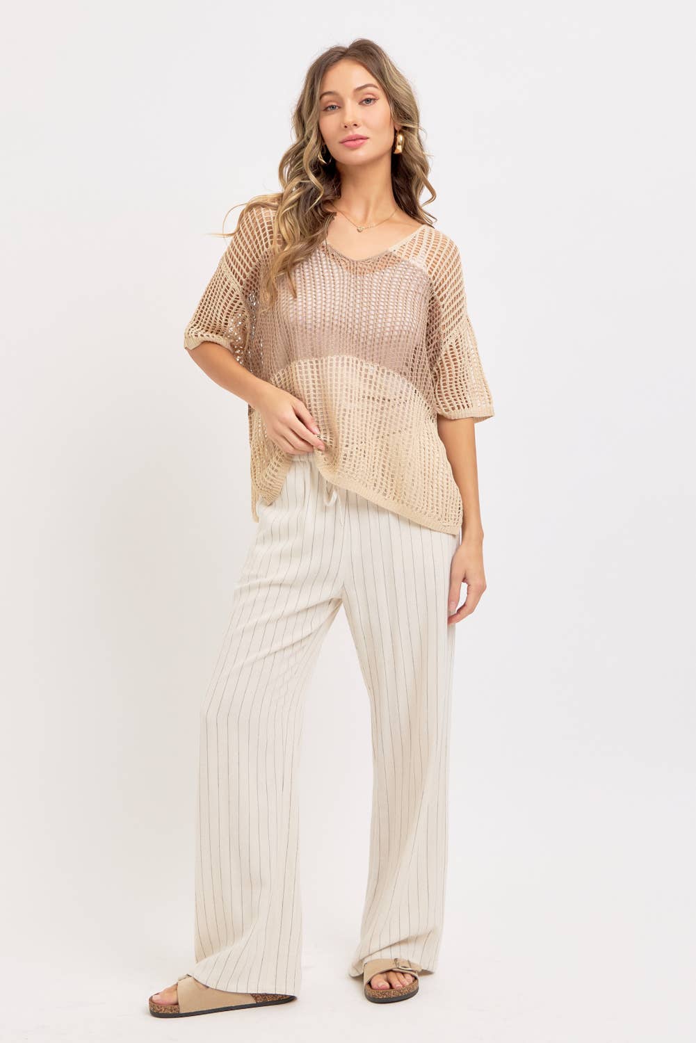 Jade Slouchy Open-Knit V-Neck Top