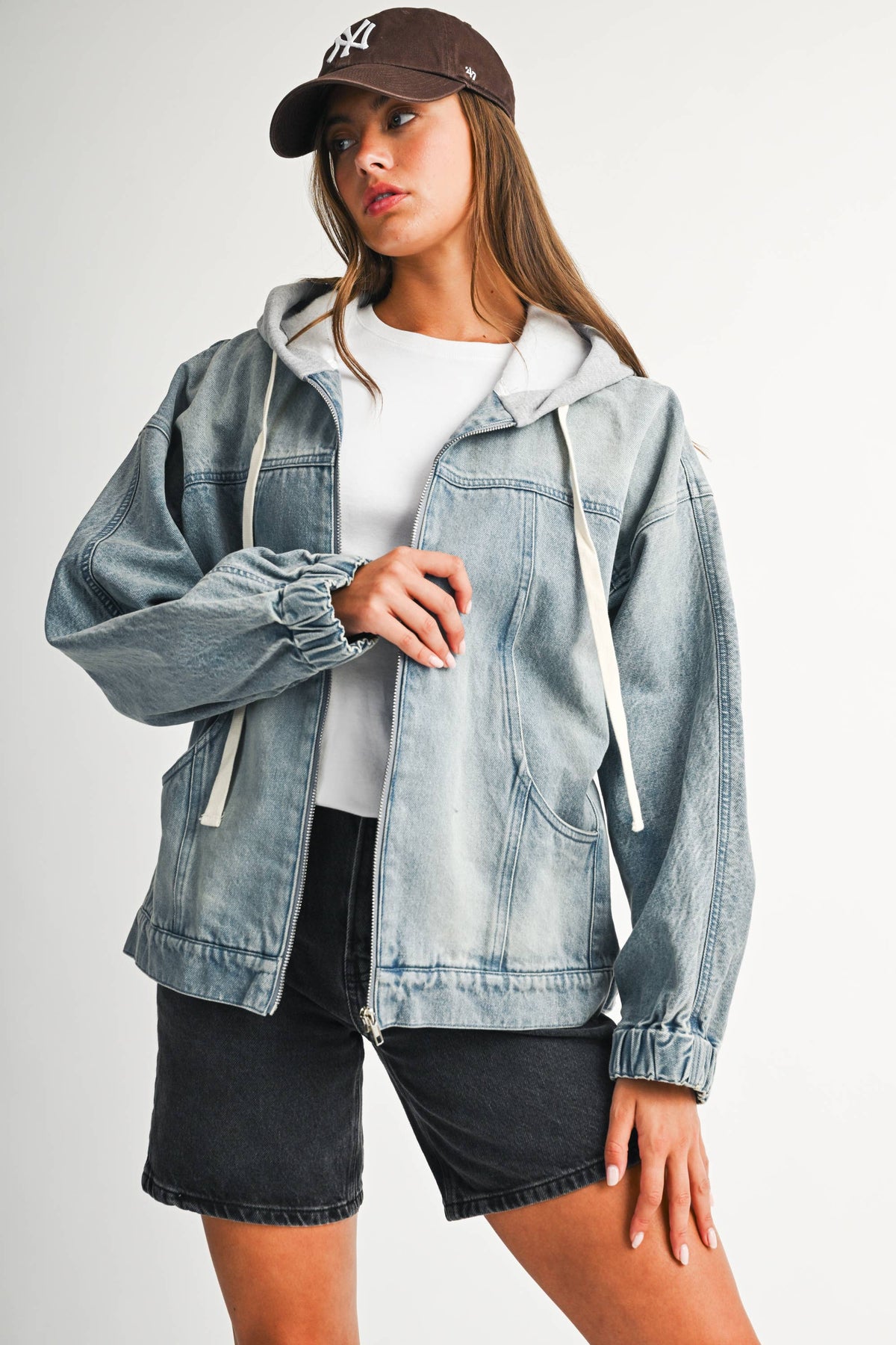 Off the Clock Mineral Wash Denim Hoodie Jacket: Light Wash