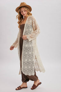 BOHO LONG LINE SIDE SLIT CROCHET CARDIGAN: NATURAL