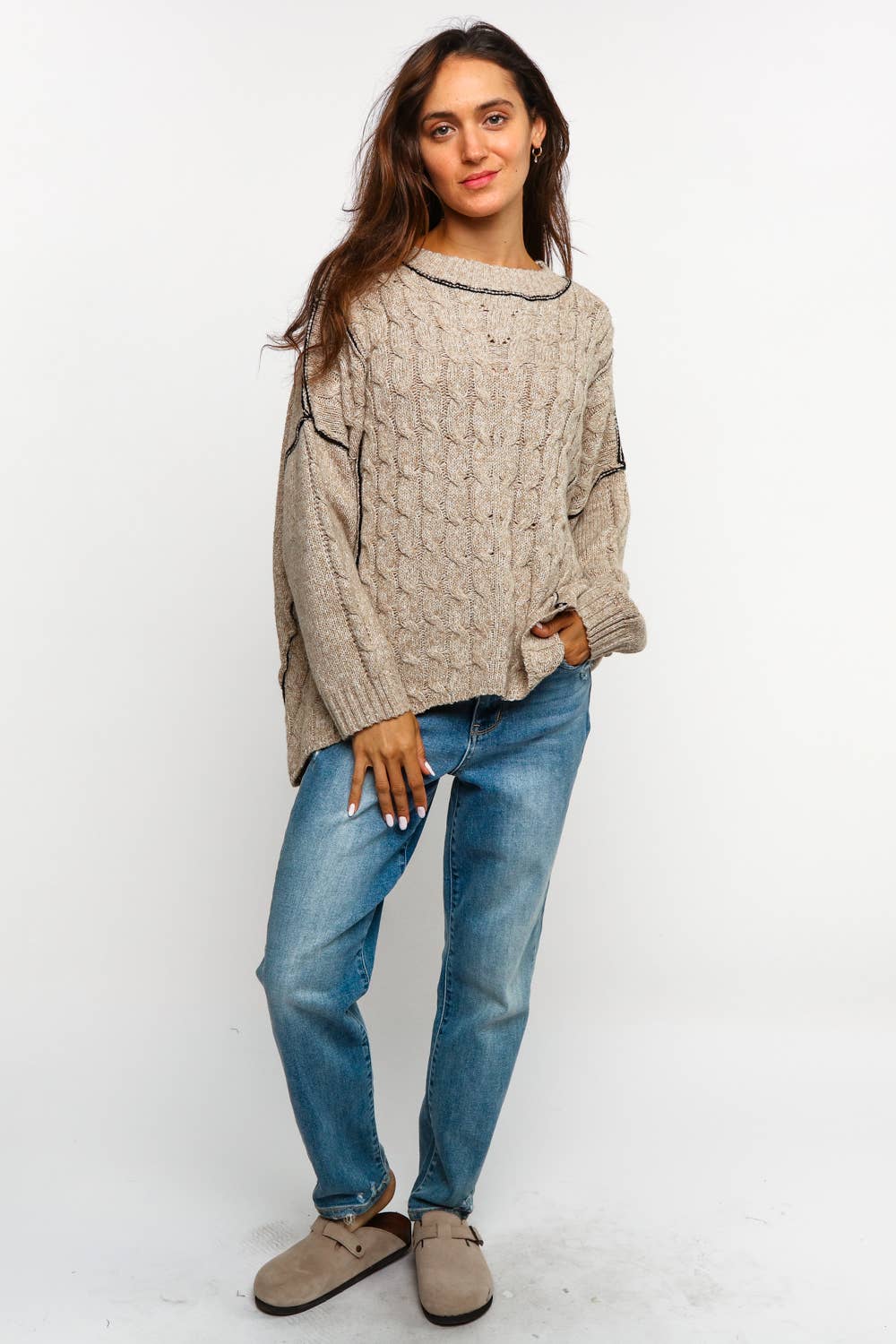 Lanie Color-Stitch Cable Knit Sweater – Oversized Round Neck Pullover | Northern Belle Boutique
