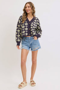 The Soleil Bold Floral Cardigan: Navy – Cropped V-Neck Boxy Sweater