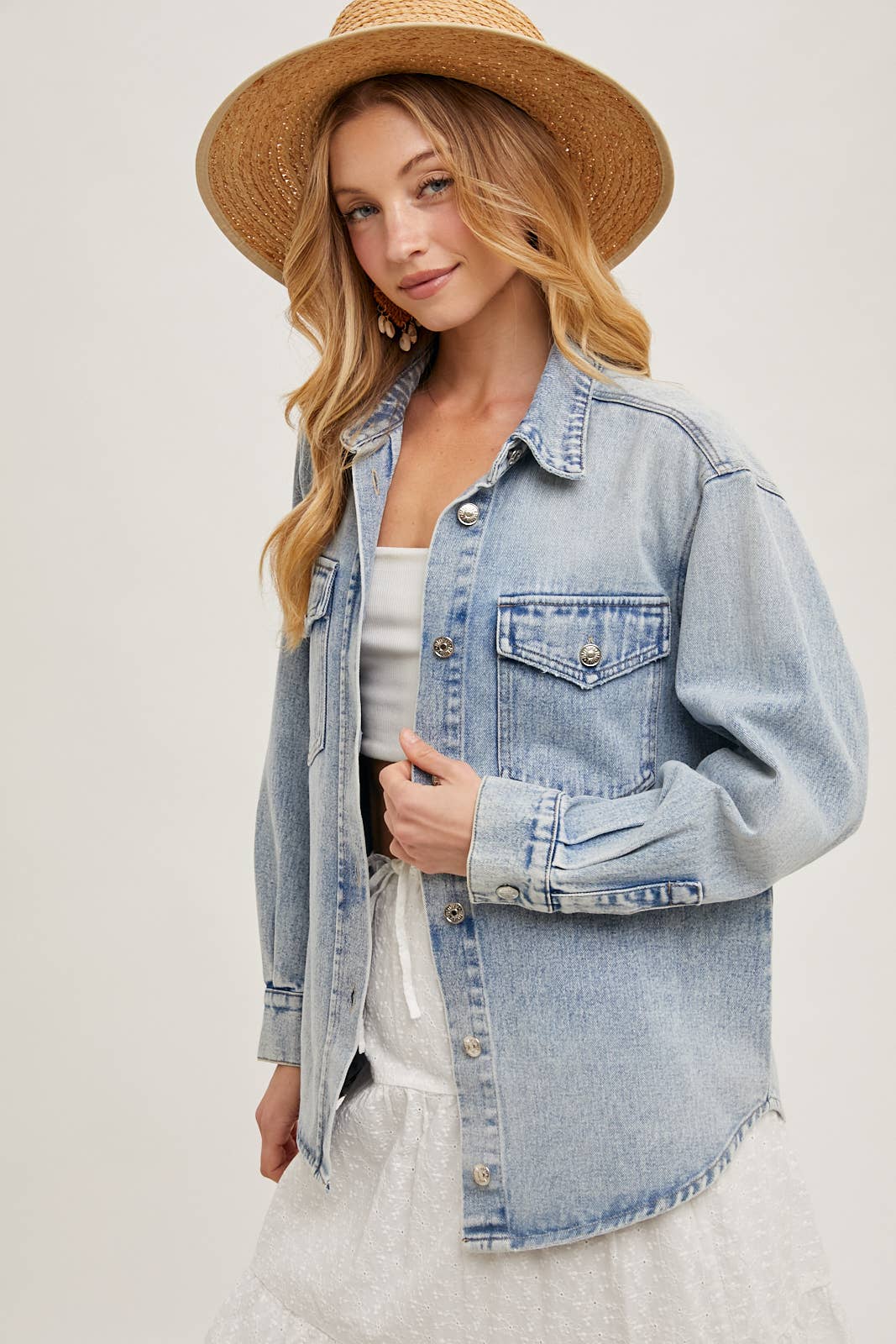 The Camille Washed Denim Shirt Jacket: Light Wash – Relaxed Button Down Shacket