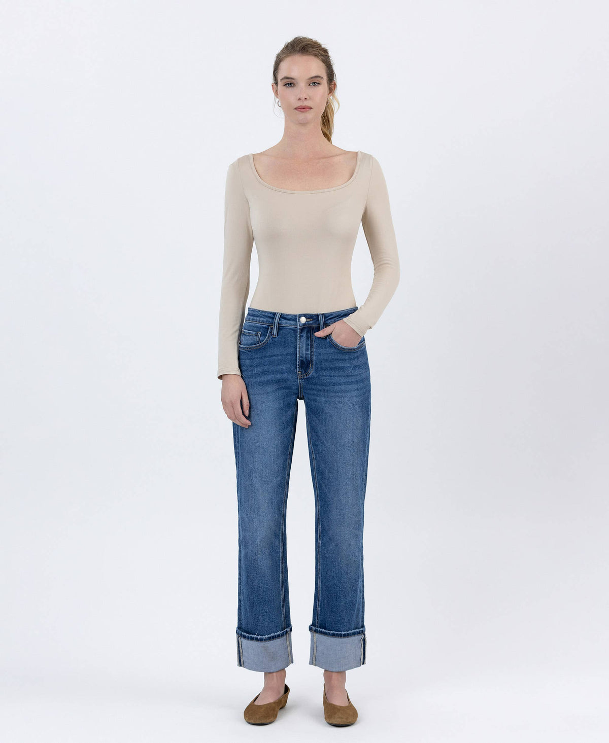Lovervet "Hallie" Cuffed Straight Leg Jeans: Dark Wash