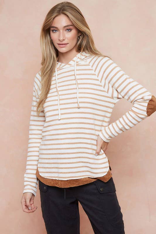 Paige Striped Hoodie Top With Elbow Patch: Toffee