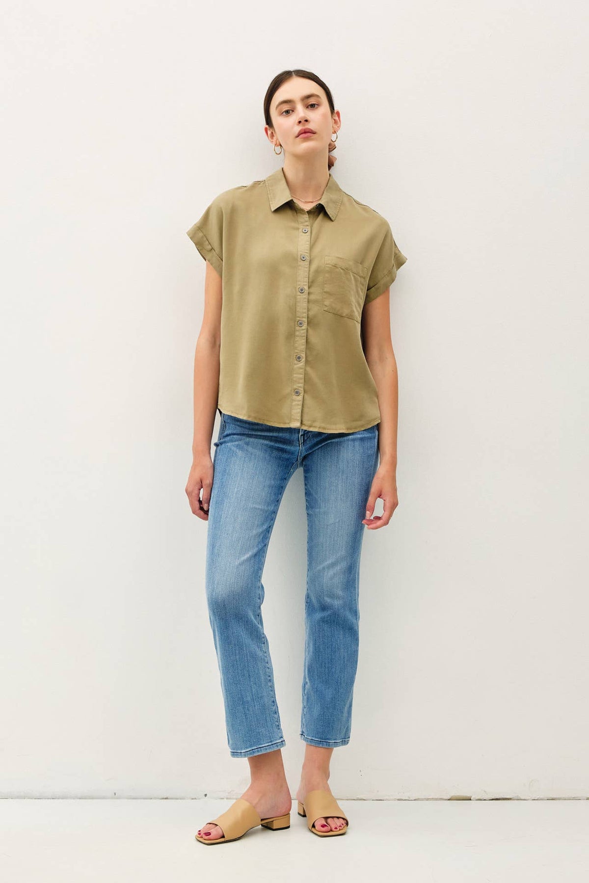 The Hadley Short Sleeve Button Down – Sage, Martini Olive, Toffee