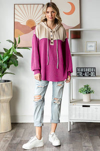 Elena Ribbed Button Front Hoodie – Colorblock Knit Pullover with Bishop Sleeves