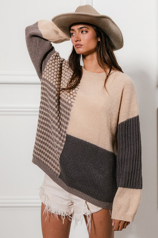 Isla Mixed Pattern Cozy Sweater: Oatmeal/Navy/ Grey