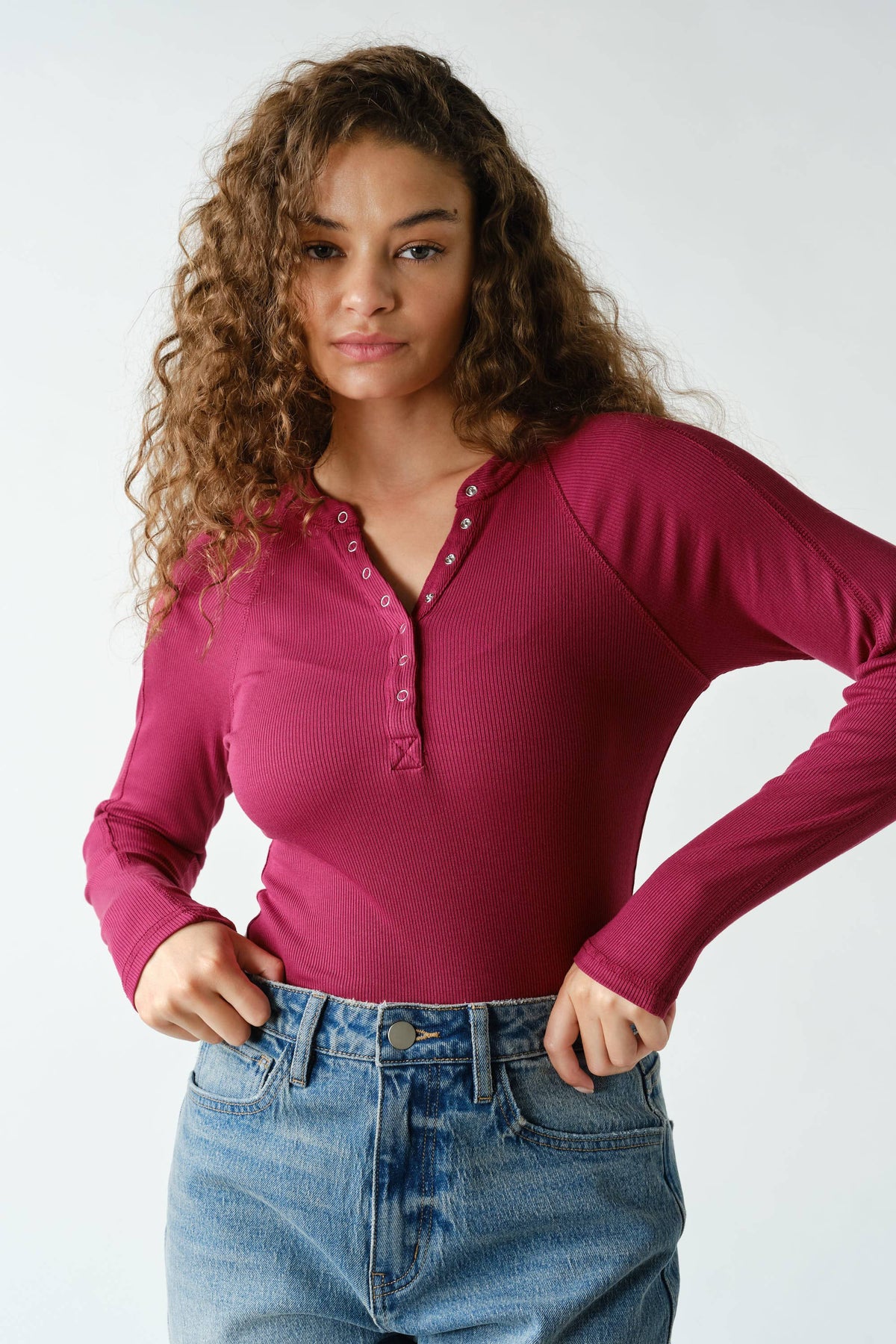 Essential Long-Sleeved Micro-Ribbed Henley Top: