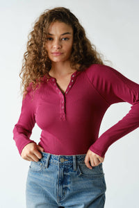 Essential Long-Sleeved Micro-Ribbed Henley Top: