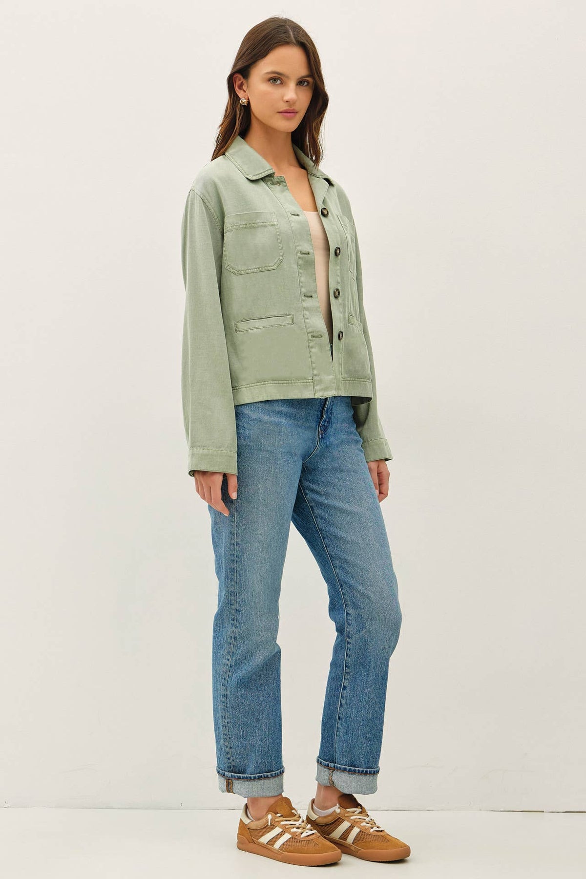 The Rowan Washed Twill Jacket: Sage – Tencel Linen Blend Boxy Utility Jacket