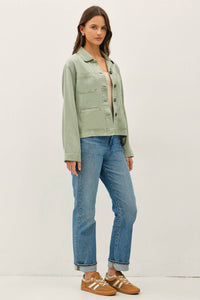 The Rowan Washed Twill Jacket: Sage – Tencel Linen Blend Boxy Utility Jacket