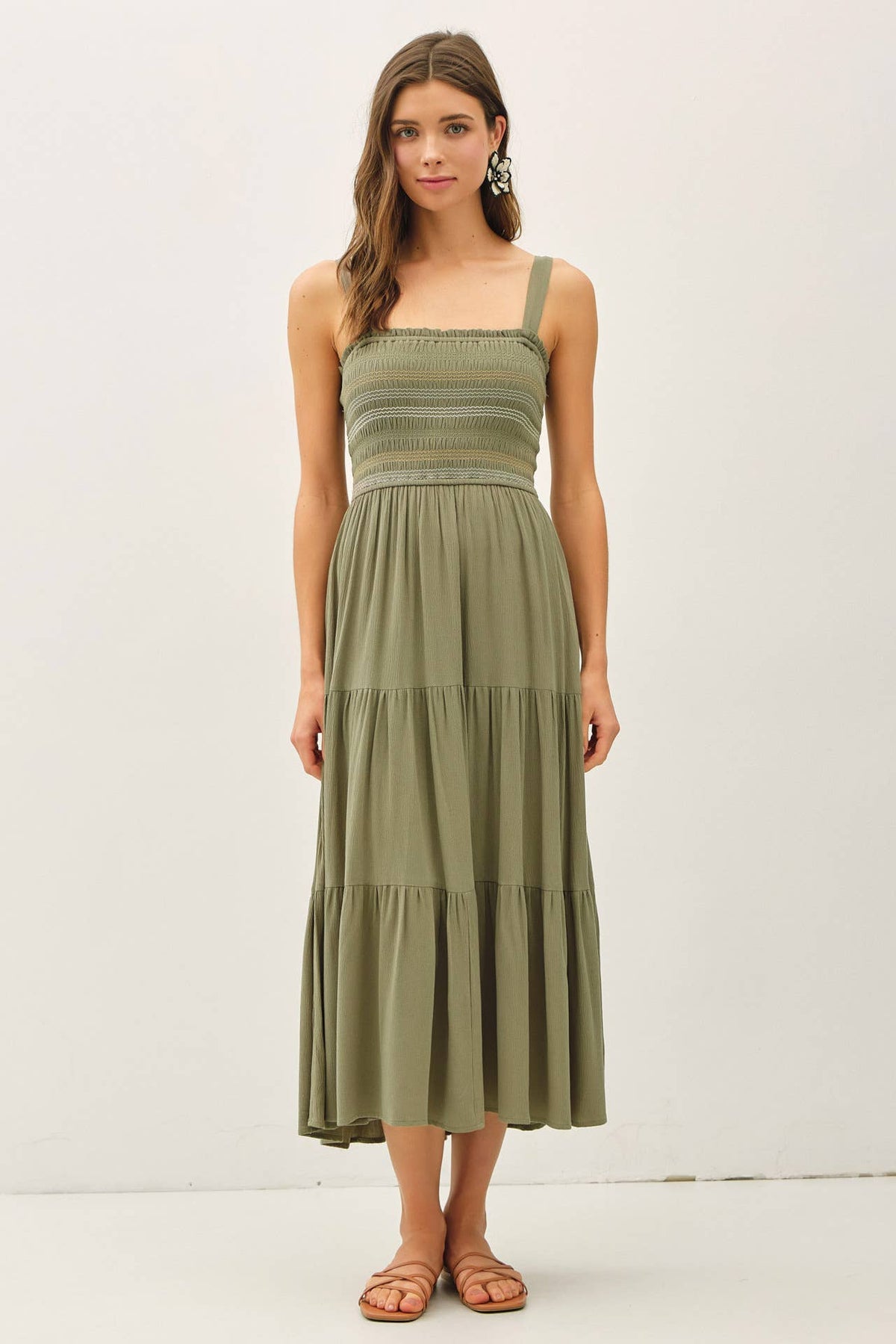The Savannah Embroidered Midi Dress: Olive