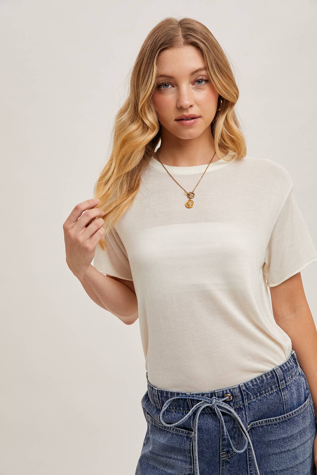 Willow Sheer Knit Crew Neck Tee – Cream & Rust Lightweight Layering Top