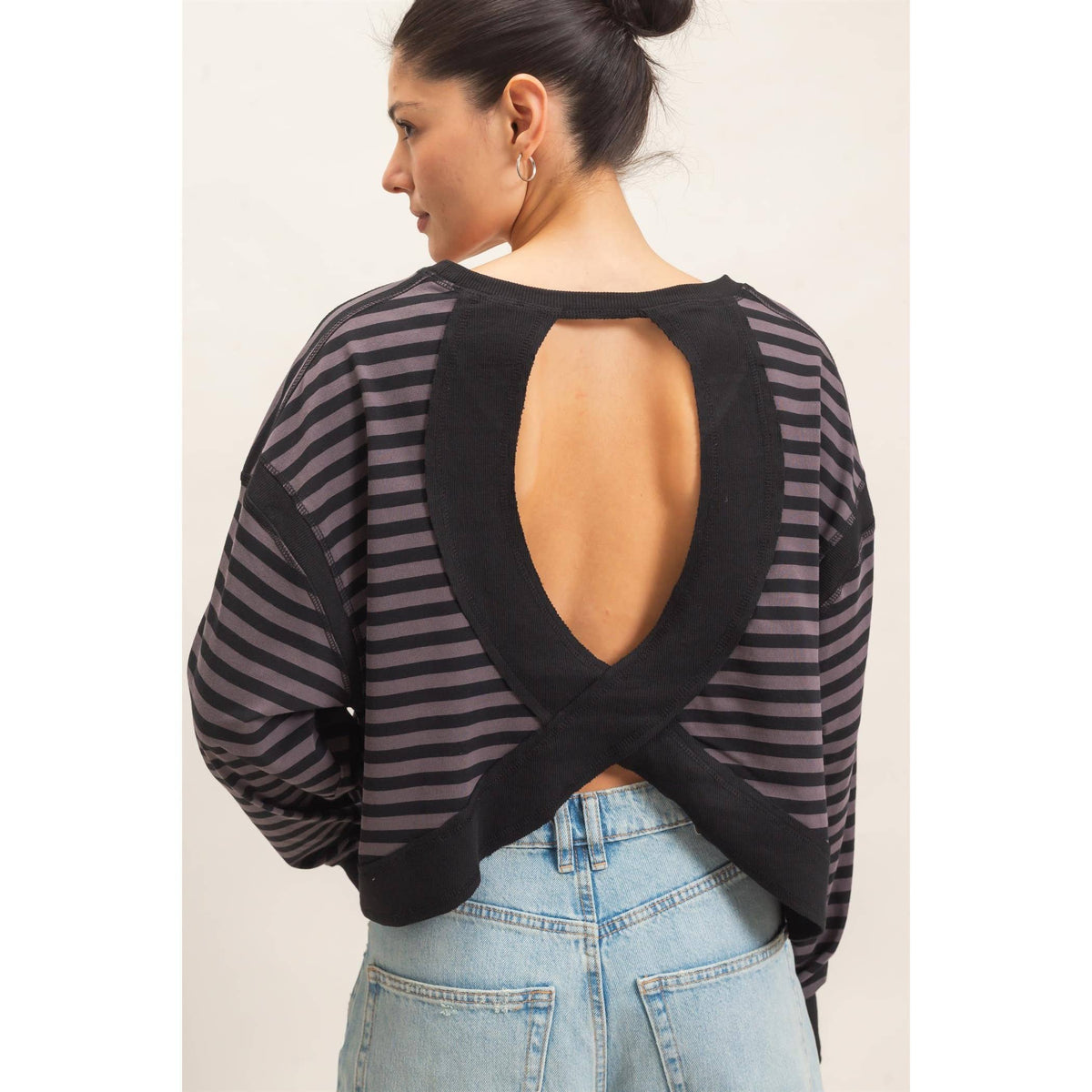 Striped Long Sleeve Top: MOCHA / S-M-L(2-2-2)