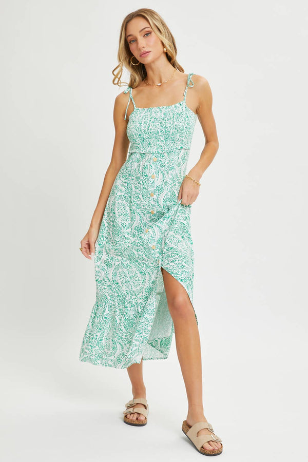 The Seraphina Floral Paisley Midi Dress: Green – Smocked Bodice Button Detail Dress