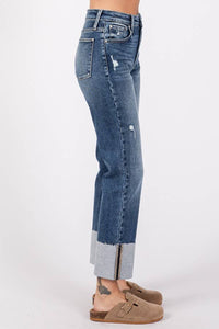 Remi High Rise Slim Straight Jeans – Dark Wash Cuffed Denim with Raw Hem