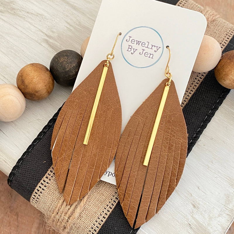 Sierra Leather Fringe Earrings – Long Boho Western Drop with Gold Bar Accent