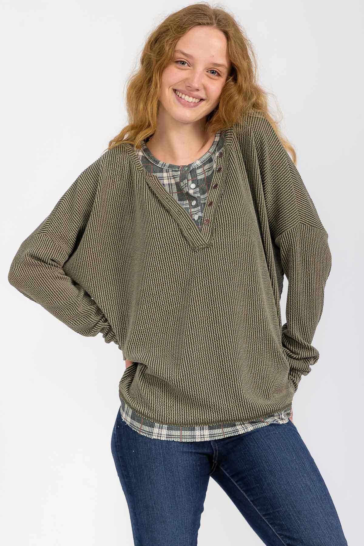 The Wren Plaid Trim Waffle Knit Top – Olive