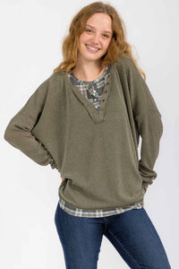 The Wren Plaid Trim Waffle Knit Top – Olive