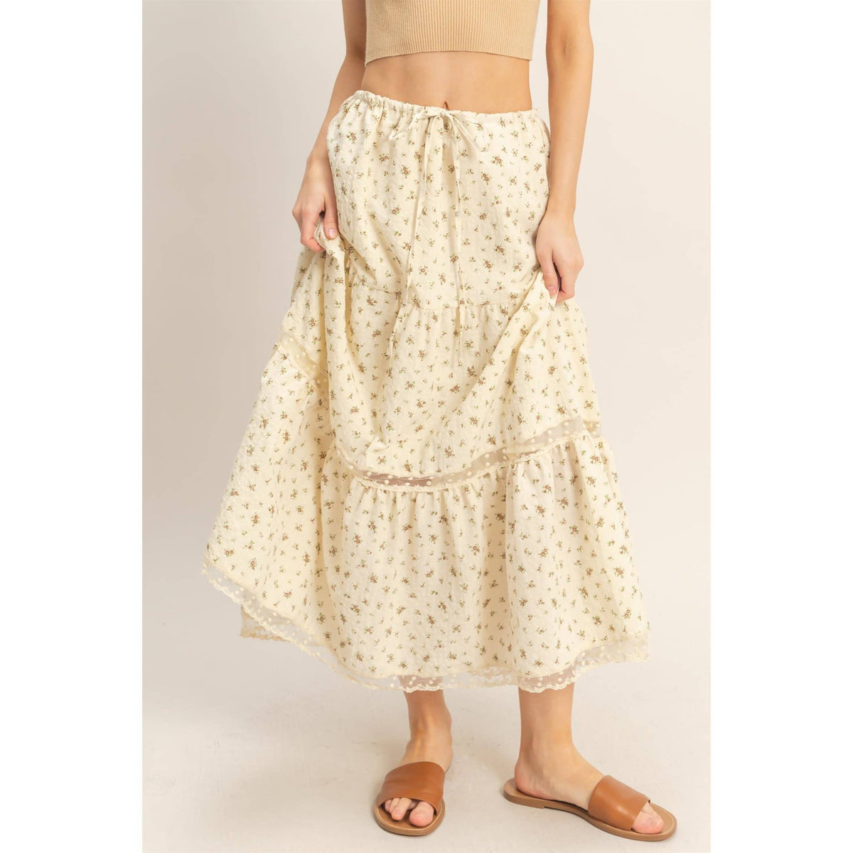 The Willow Lace Tiered Skirt: Cream/Brown Floral