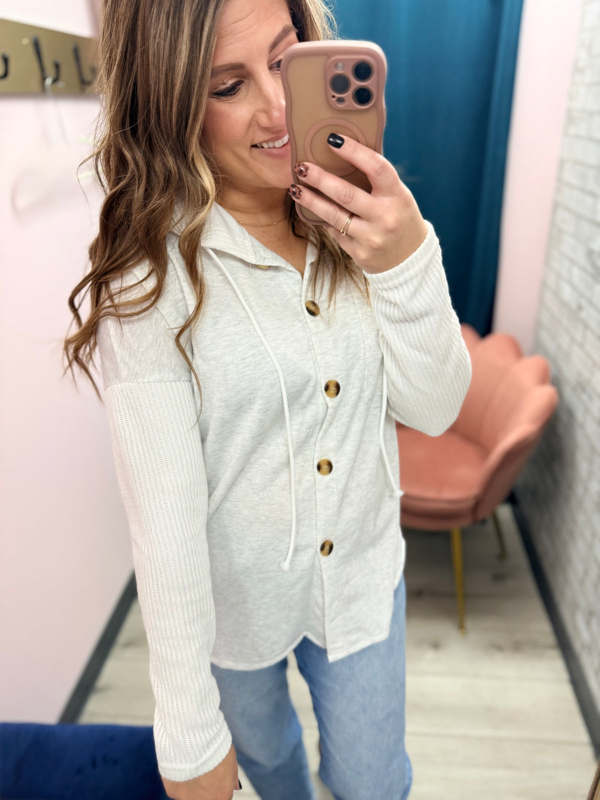 The Lennon Knit Sleeve Hooded Button-Up – Heather Gray