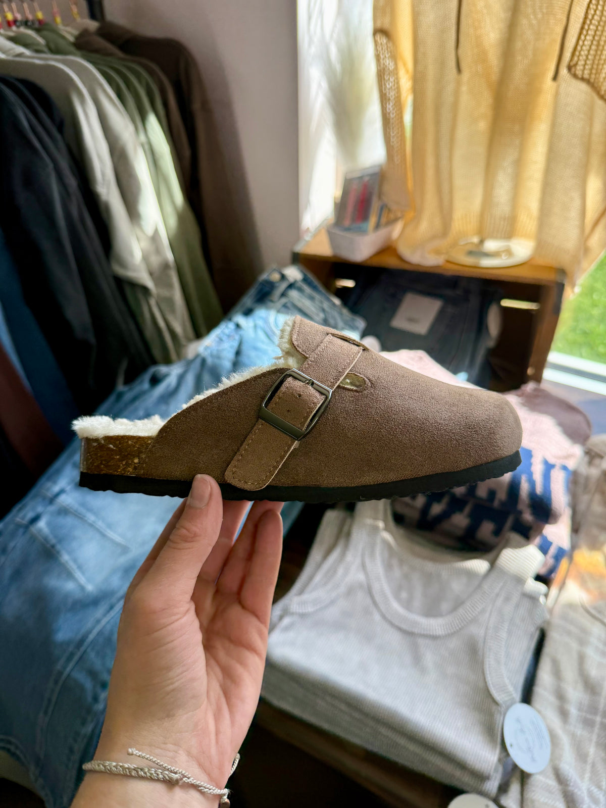 Bria Taupe Suede Buckle Clog with Faux Fur Lining