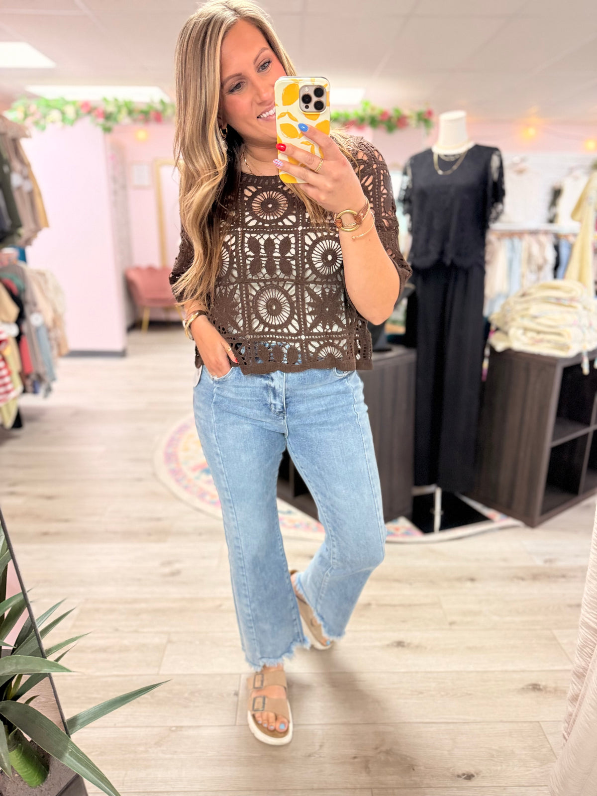 Bristol Crochet Boxy Knit Top: Chocolate Brown