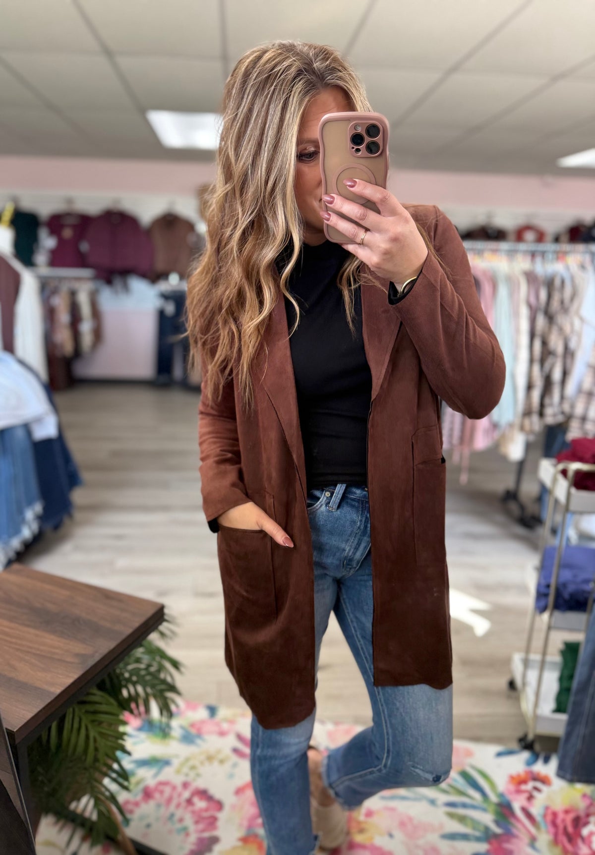 Maribel Faux Suede Open Front Jacket – Longline Blazer Coat with Pockets