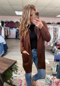 Maribel Faux Suede Open Front Jacket – Longline Blazer Coat with Pockets