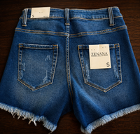 Kennedy Distressed Hem Denim Shorts: Dark Wash