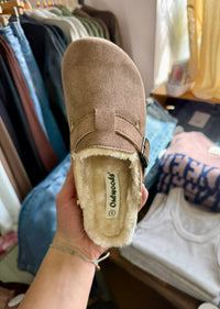 Bria Taupe Suede Buckle Clog with Faux Fur Lining