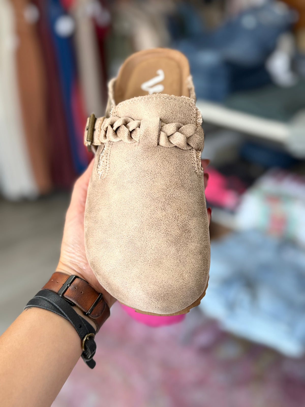 Very G Iris Braided Mules – Beige Suede Slip-On Shoes with Frayed Edge Detail