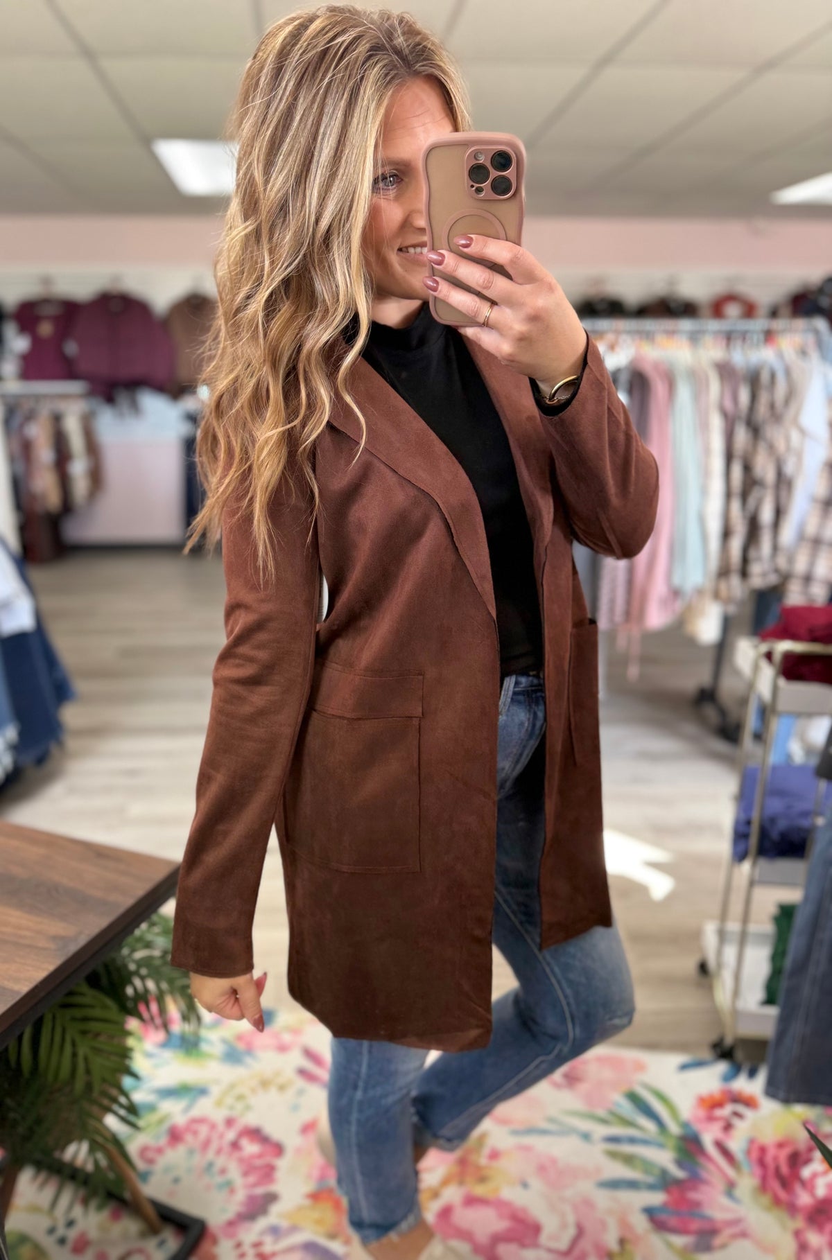 Maribel Faux Suede Open Front Jacket – Longline Blazer Coat with Pockets