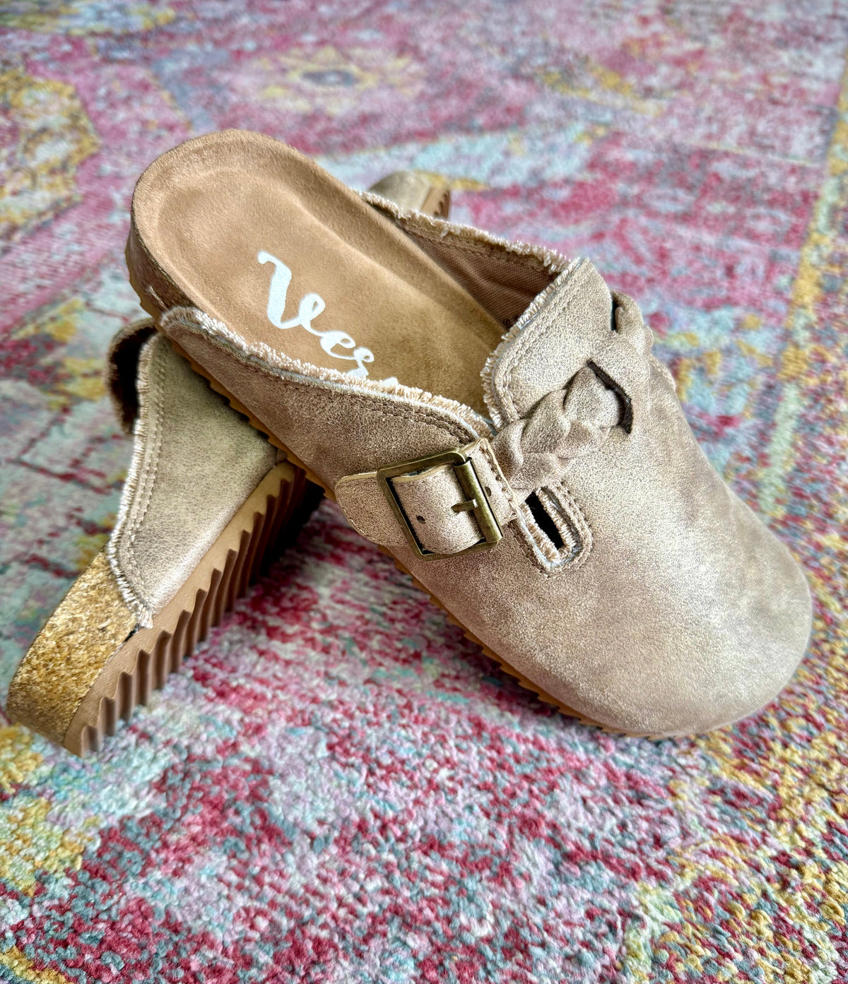 Very G Iris Braided Mules – Beige Suede Slip-On Shoes with Frayed Edge Detail