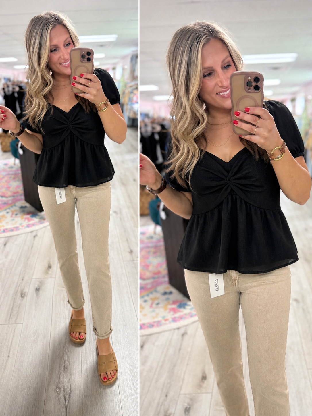 The Malia Twist Front Peplum Top: Black  – V Neck Puff Sleeve Feminine Blouse